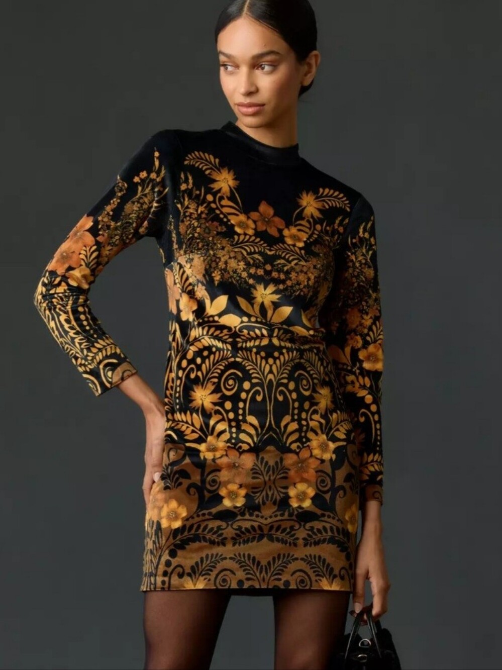 ANTHROPOLOGIE Black and Gold Floral Velvet Long-Sleeve Mini Dress